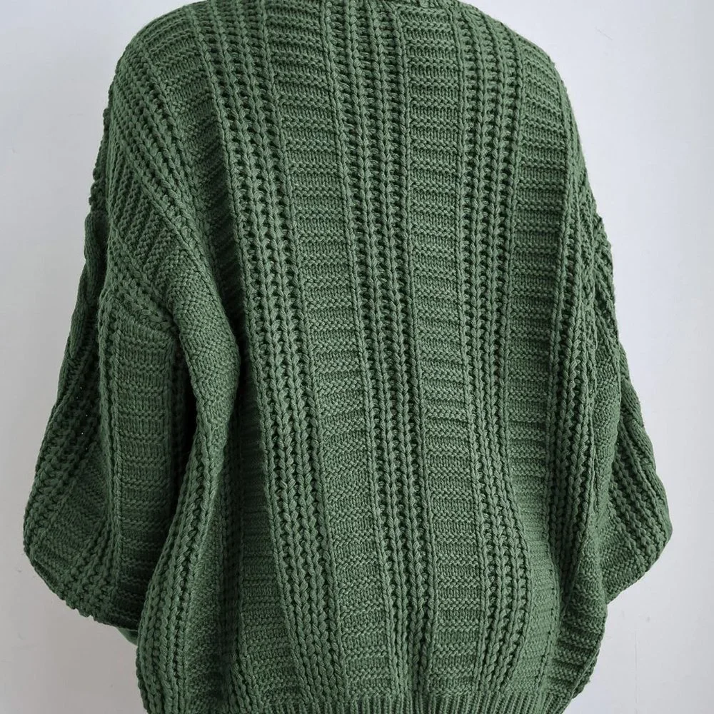 Olive Green Casual Womens Solid Button Front Cable Knit Cardigan - Picture 2 of 5